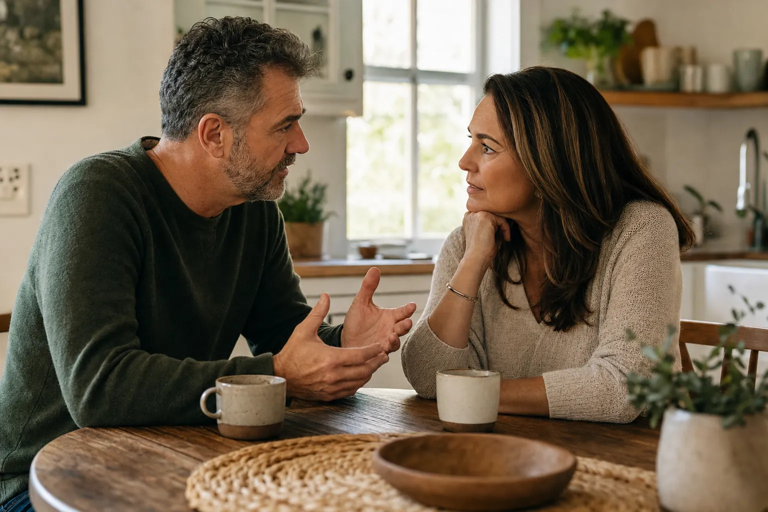 A mature couple listening carefully during a difficult conversation