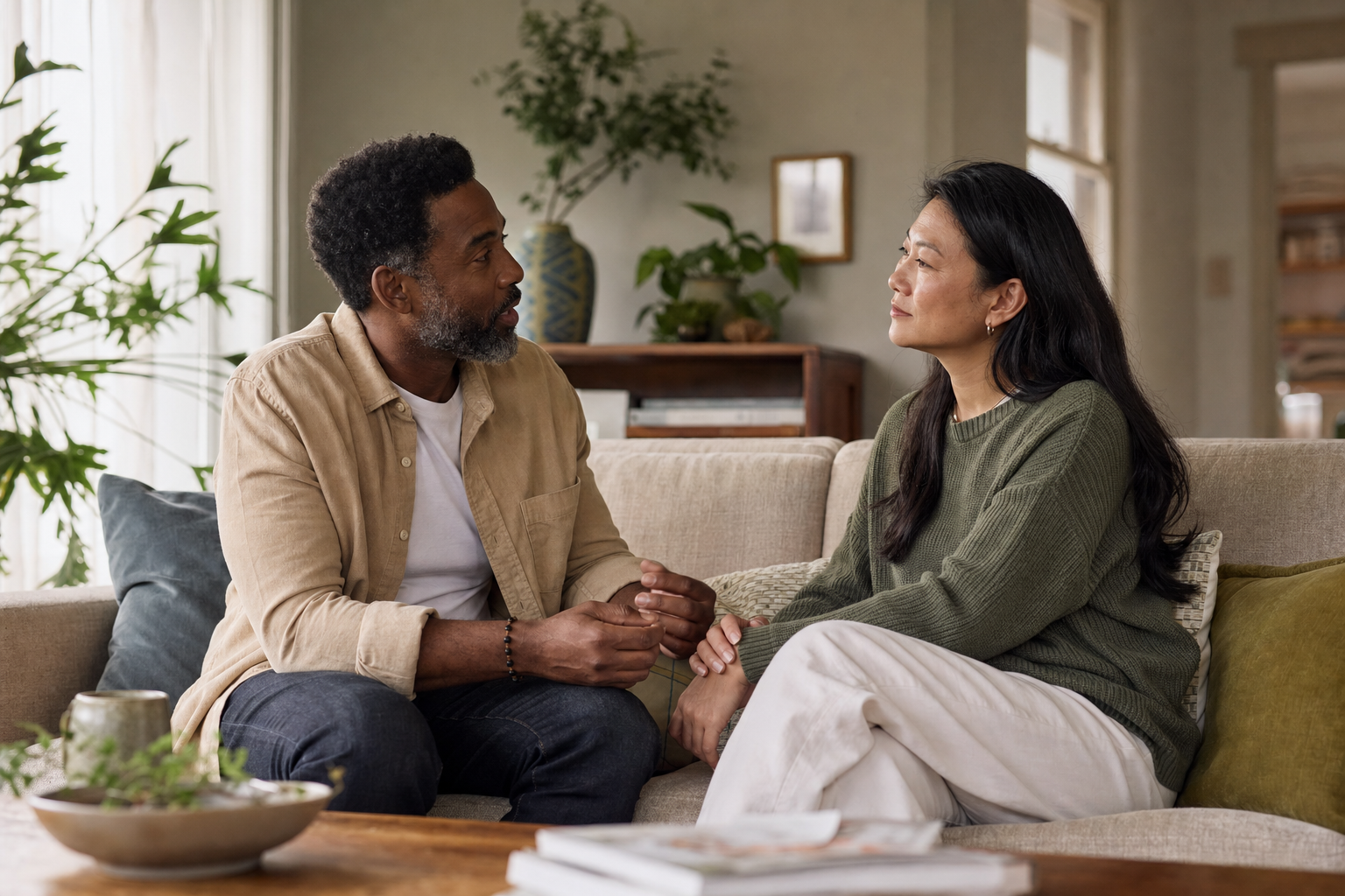 A middle-aged Black and Asian couple having a focused, respectful conversation at home
