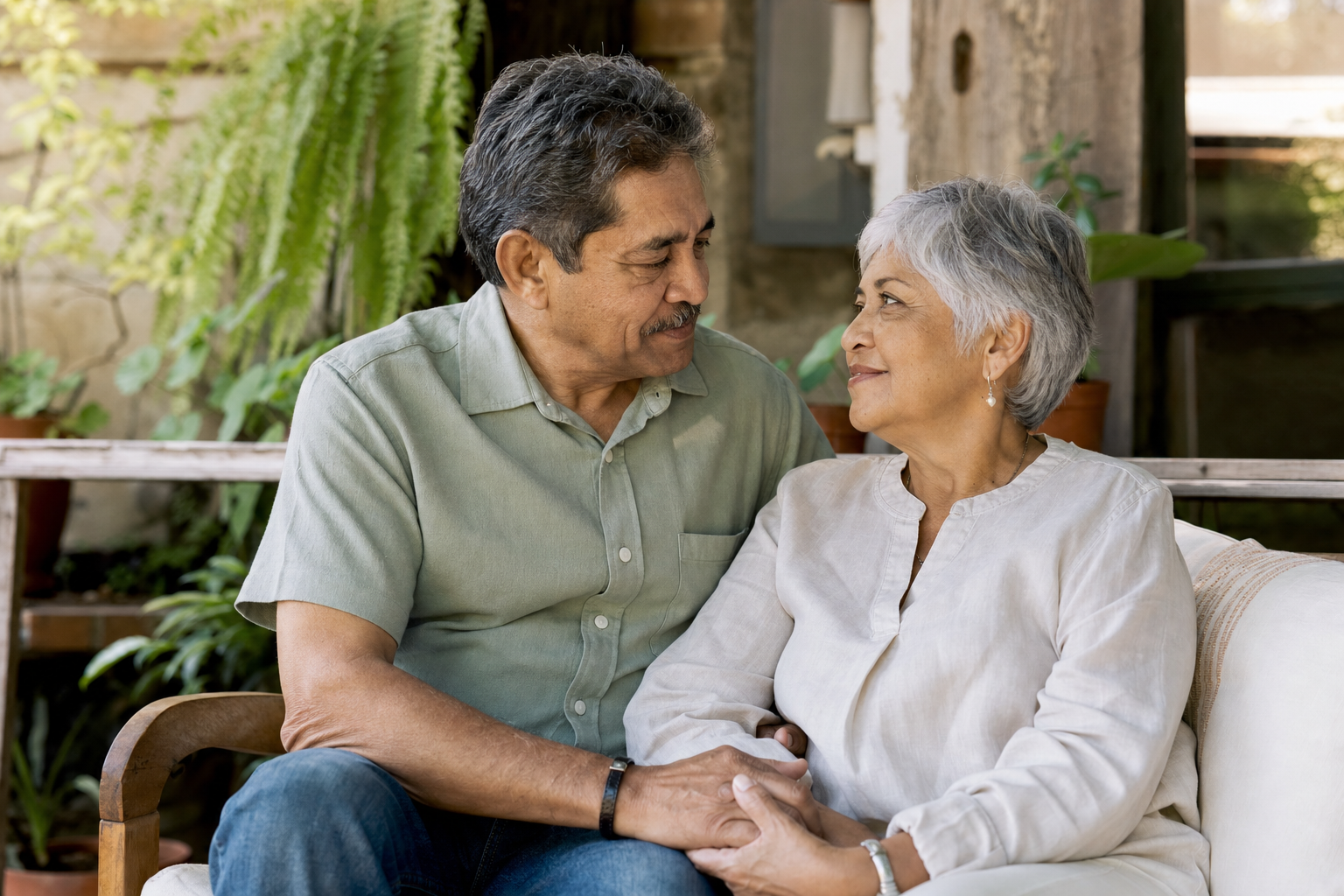 An older Latino couple sitting close together outdoors with calm affection